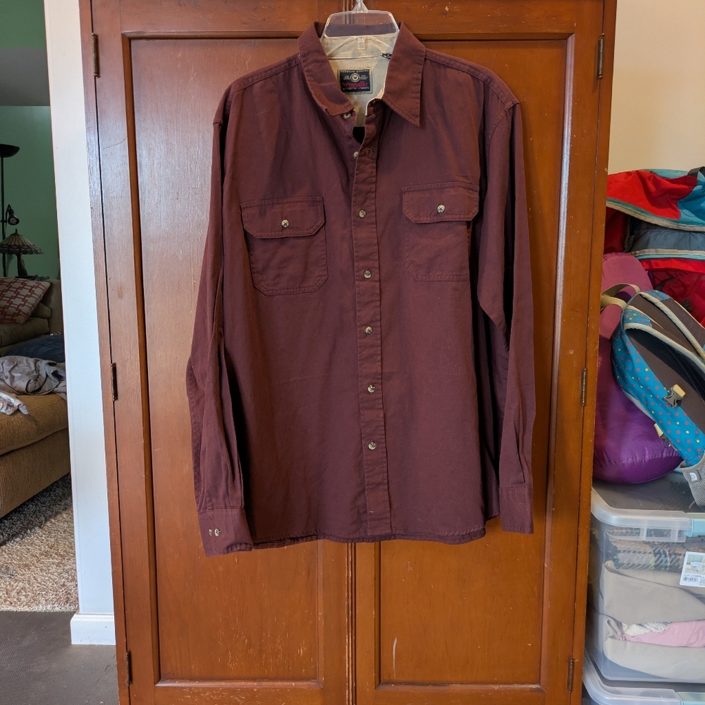 Wrangler Men's Dark Red Burgundy Casual Button-Down Shirt Cowboy Western Cotton